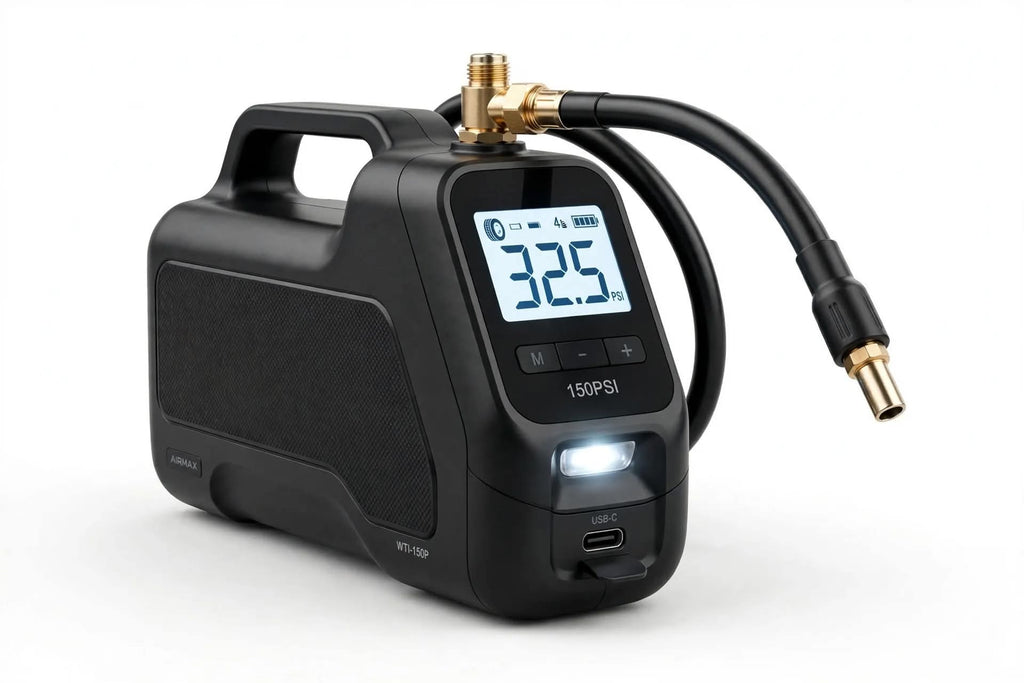 منفاخ إطارات السيارة الذكي لاسلكي 150PSI - 4000mAh مع شاشة رقمية وكشاف LED وباور بانك