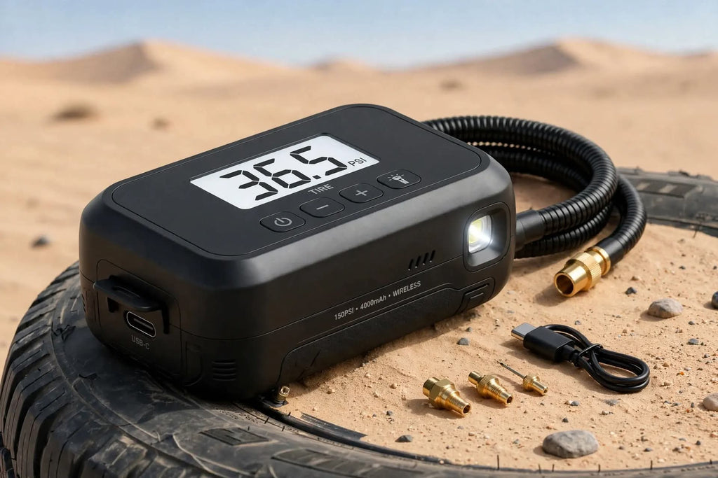 منفاخ إطارات السيارة الذكي لاسلكي 150PSI - 4000mAh مع شاشة رقمية وكشاف LED وباور بانك