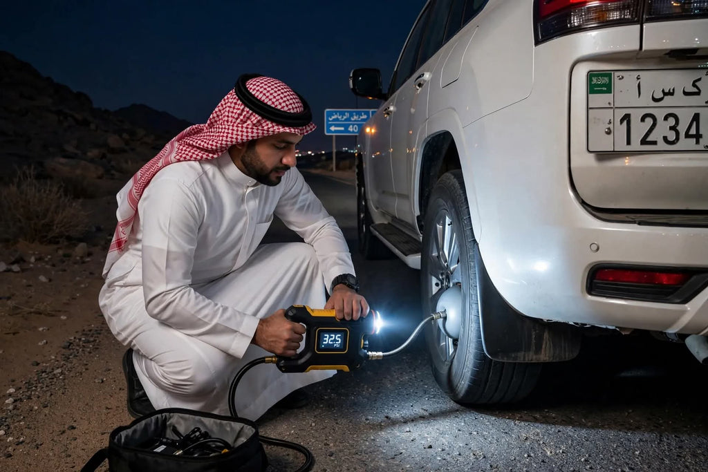 منفاخ إطارات السيارة الذكي لاسلكي 150PSI - 4000mAh مع شاشة رقمية وكشاف LED وباور بانك